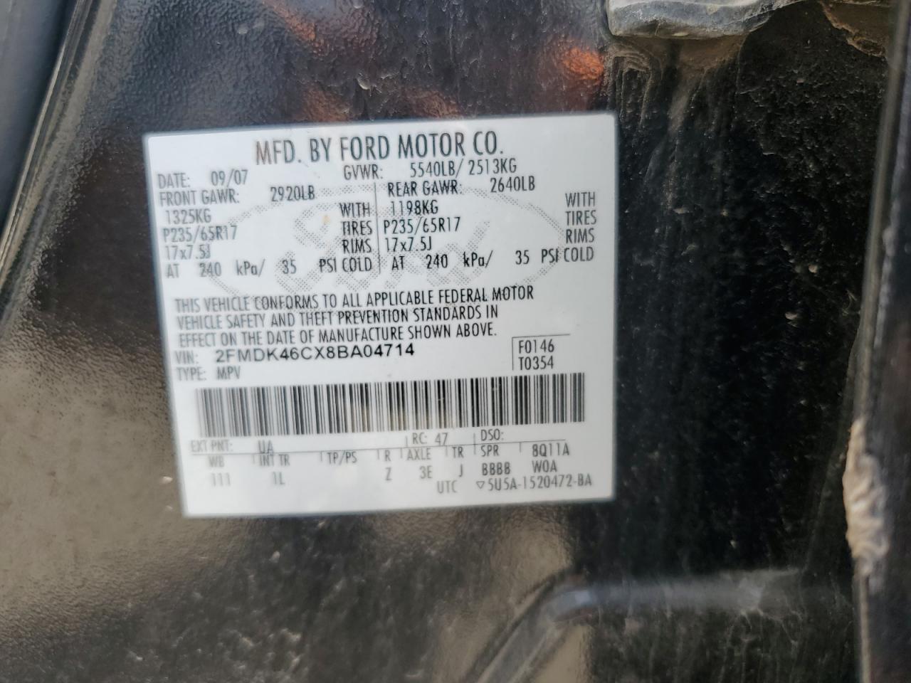 2008 Ford Edge Se VIN: 2FMDK46CX8BA04714 Lot: 81859105