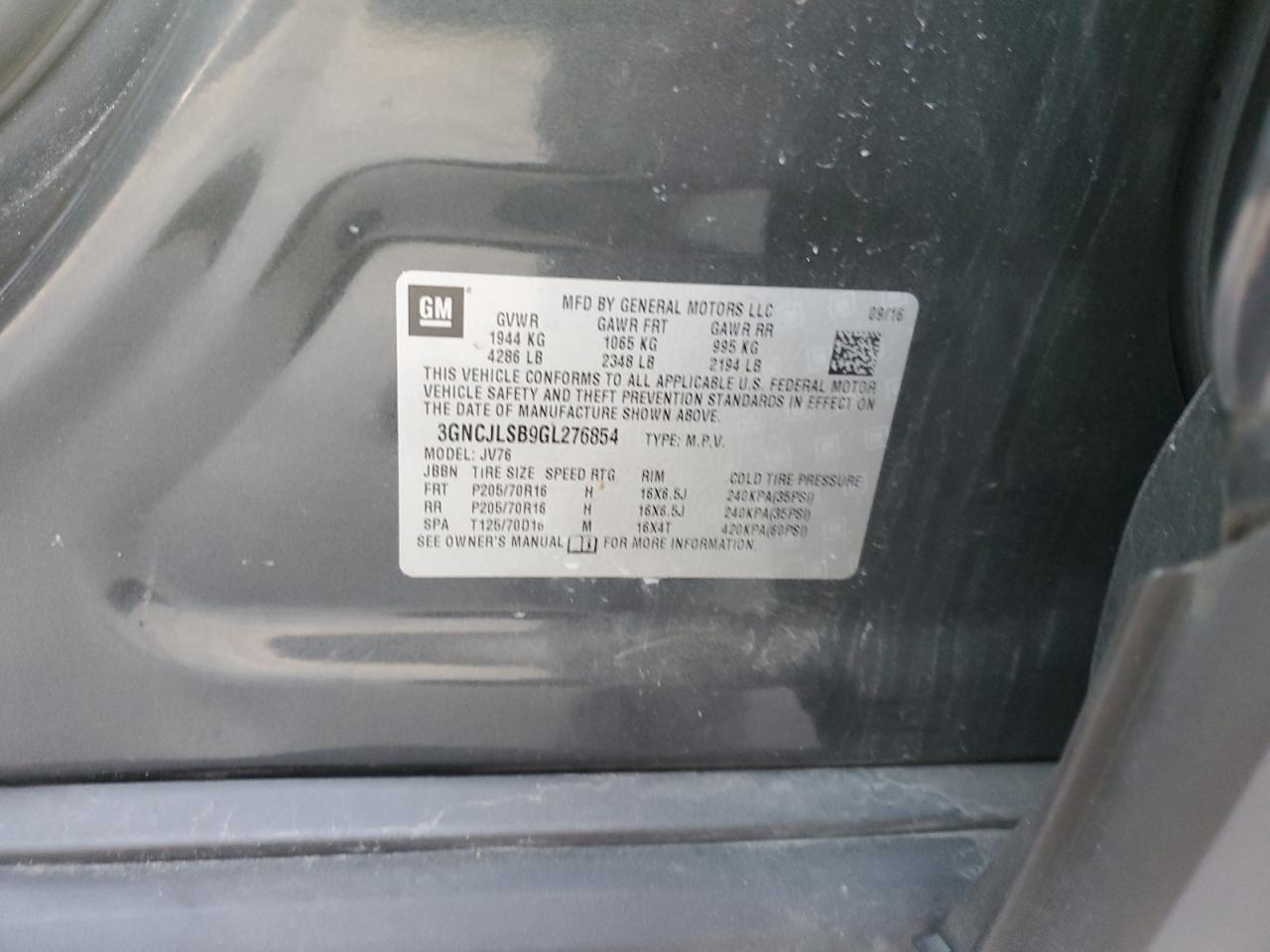 2016 Chevrolet Trax 1Lt VIN: 3GNCJLSB9GL276854 Lot: 82460575