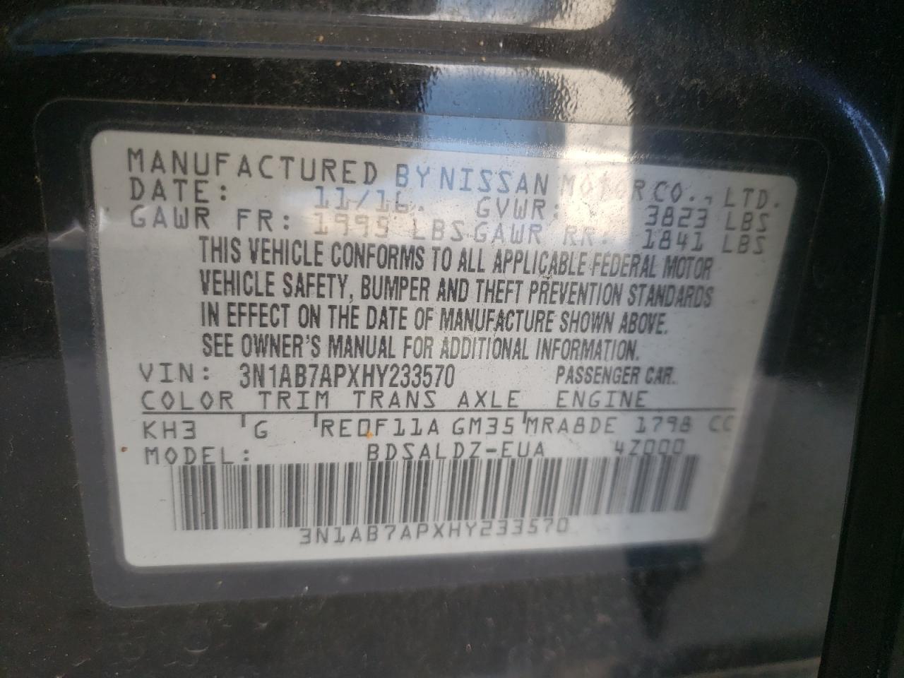 2017 Nissan Sentra S VIN: 3N1AB7APXHY233570 Lot: 86295115