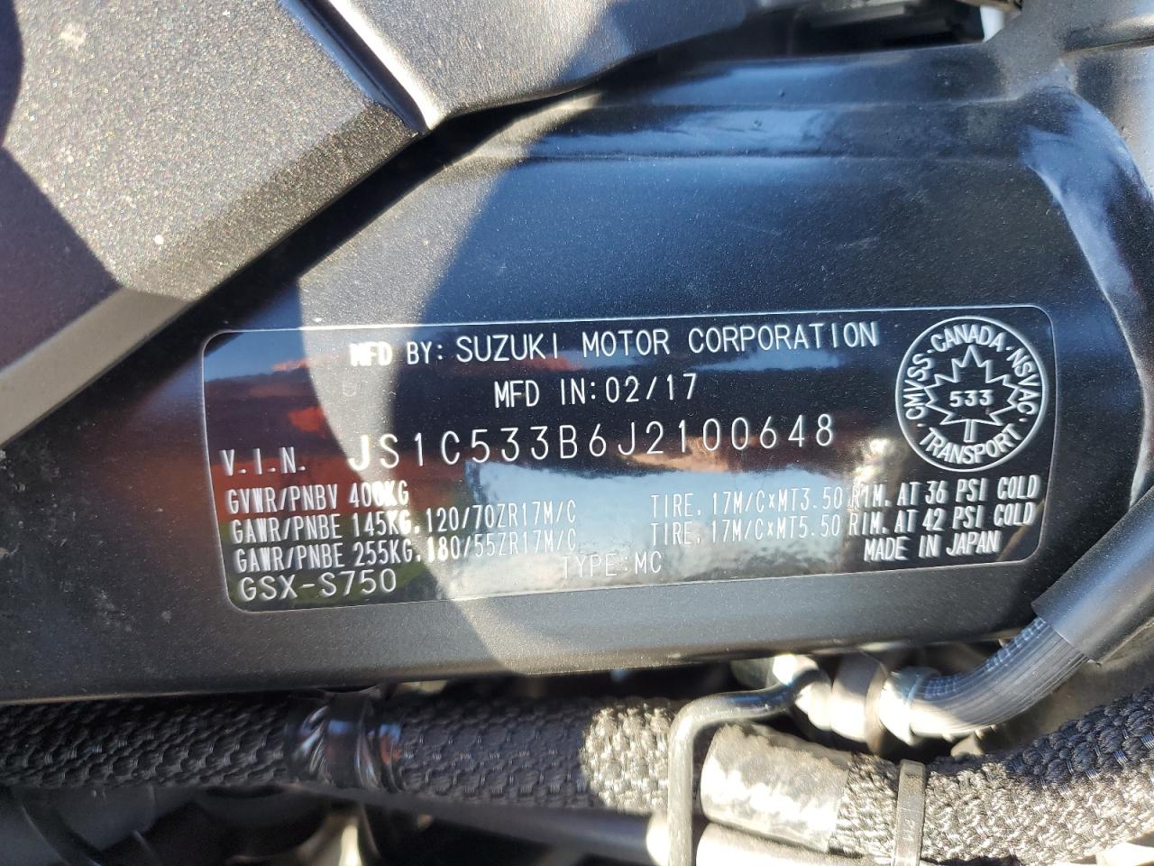 2018 Suzuki Gsx-S750 M VIN: JS1C533B6J2100648 Lot: 85560095