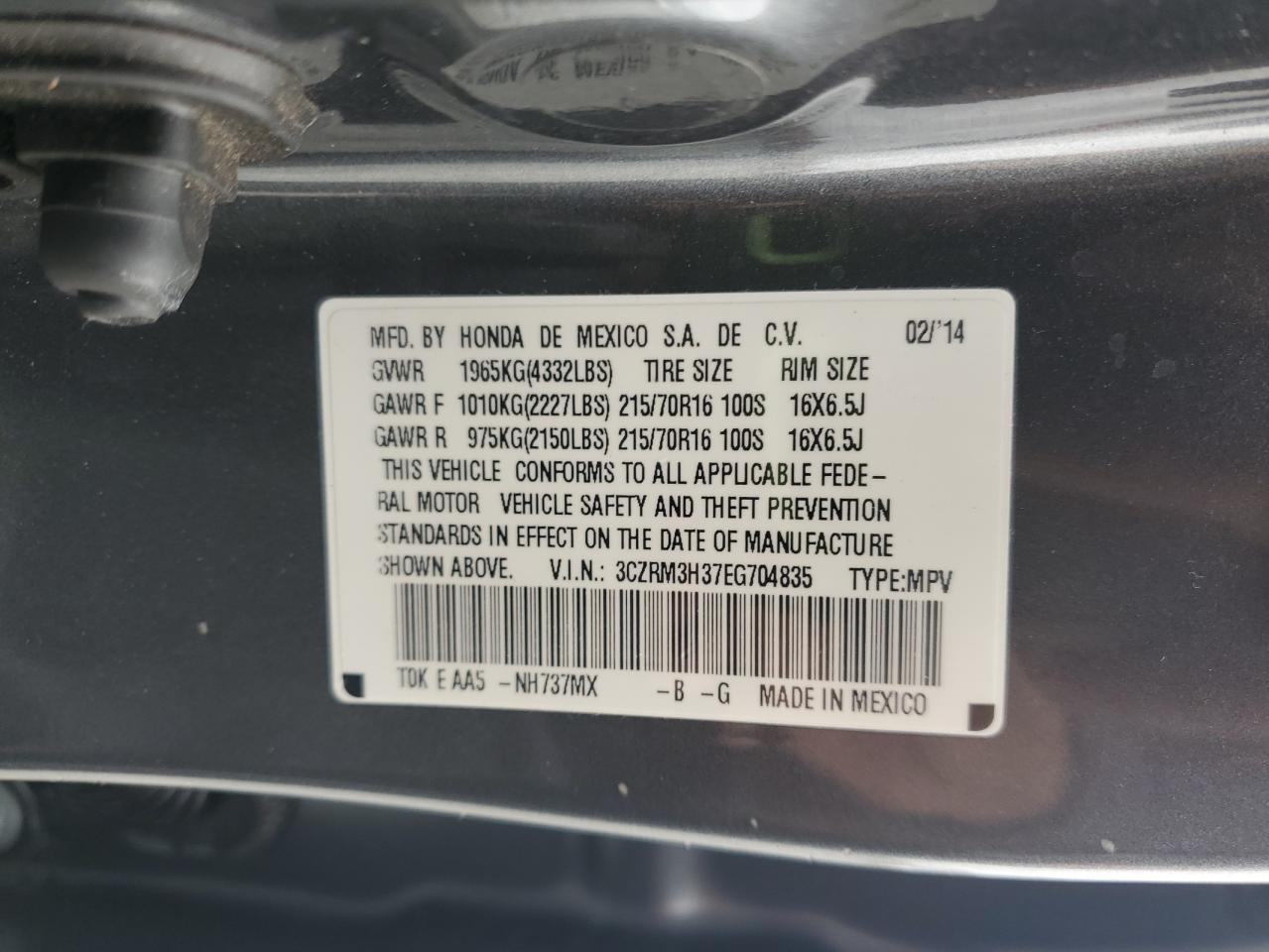 2014 Honda Cr-V Lx VIN: 3CZRM3H37EG704835 Lot: 82370565