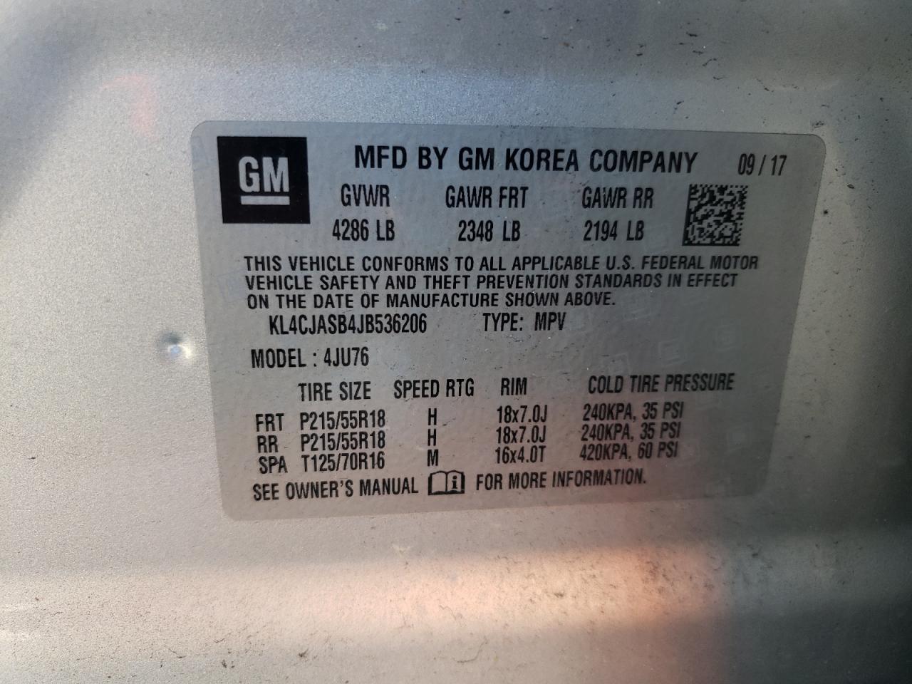 2018 Buick Encore Preferred VIN: KL4CJASB4JB536206 Lot: 84931935