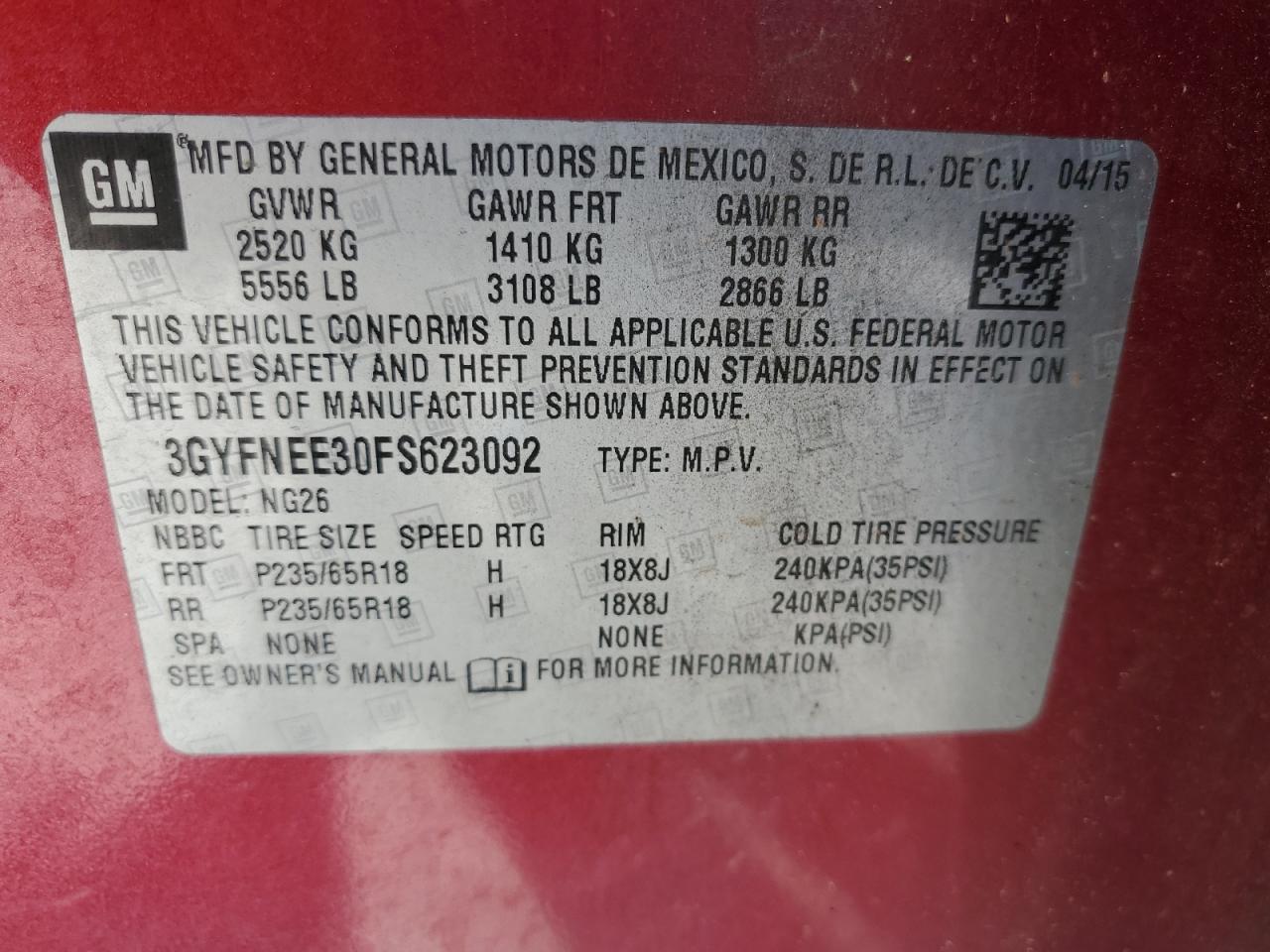 2015 Cadillac Srx Luxury Collection VIN: 3GYFNEE30FS623092 Lot: 89627485