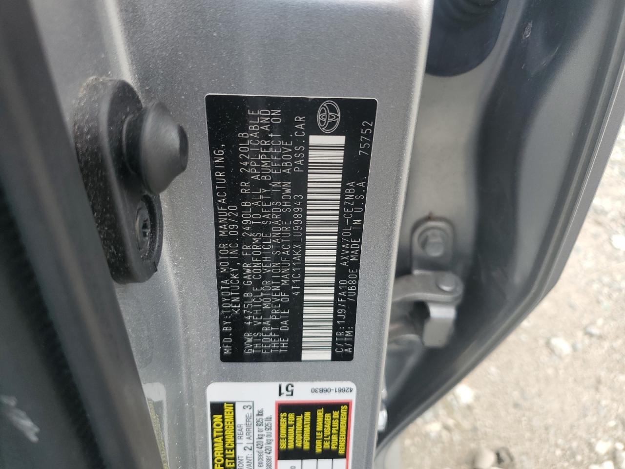 2020 Toyota Camry Le VIN: 4T1C11AKXLU998943 Lot: 85924055