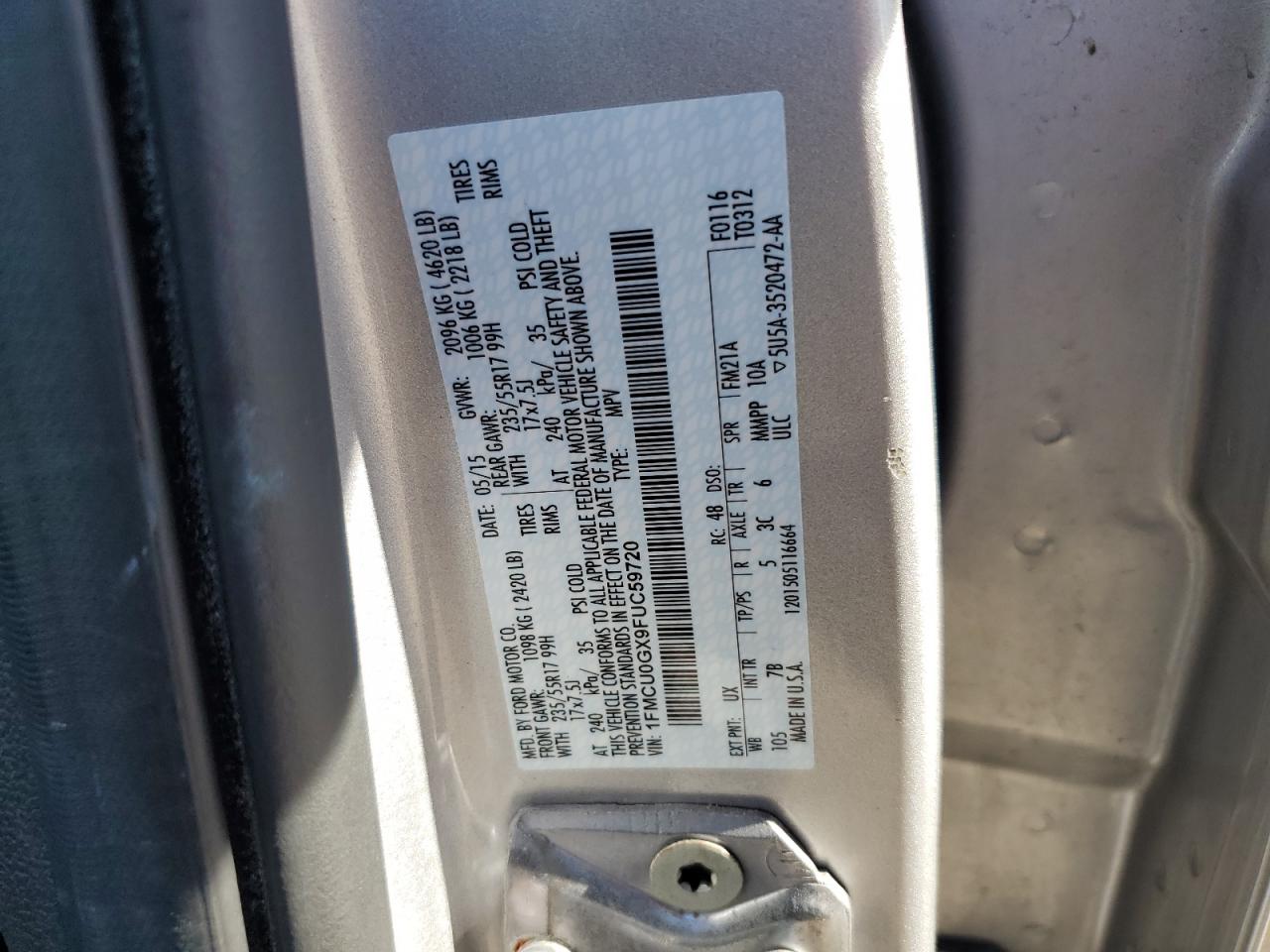 2015 Ford Escape Se VIN: 1FMCU0GX9FUC59720 Lot: 82313245