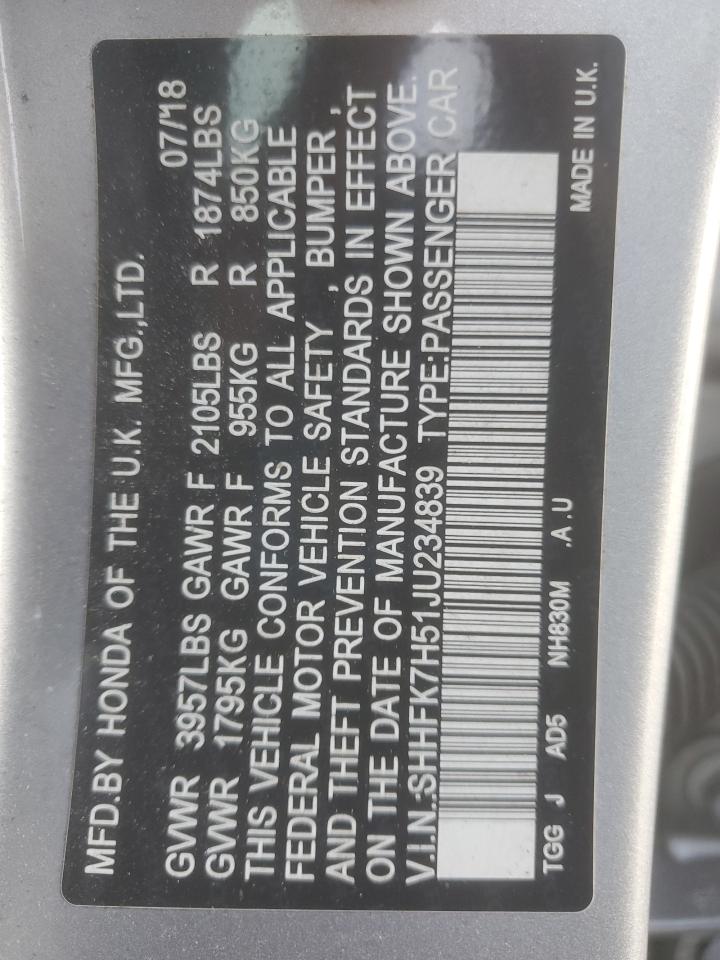 2018 Honda Civic Ex VIN: SHHFK7H51JU234839 Lot: 81946865