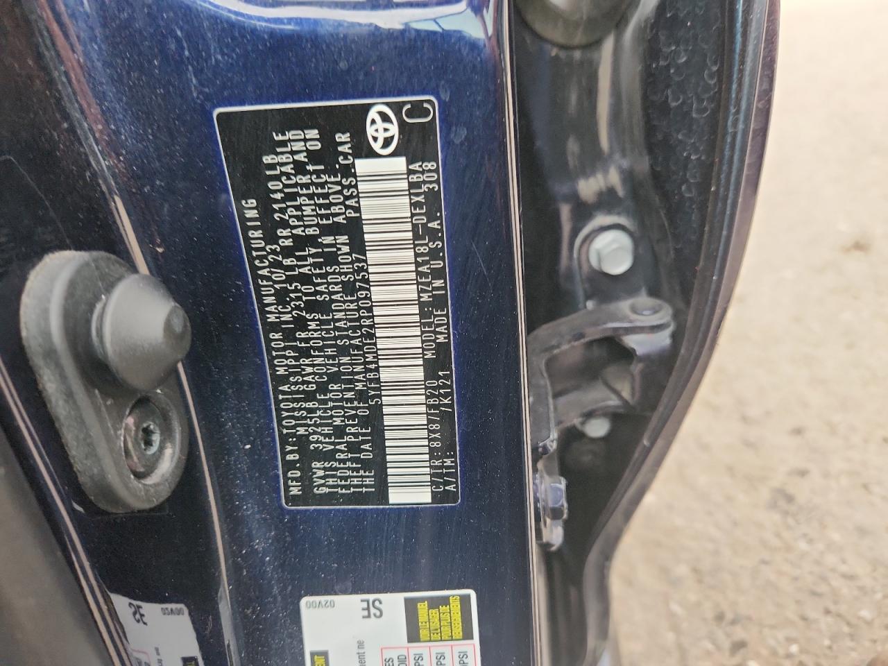 2024 Toyota Corolla Le VIN: 5YFB4MDE2RP097537 Lot: 86283075