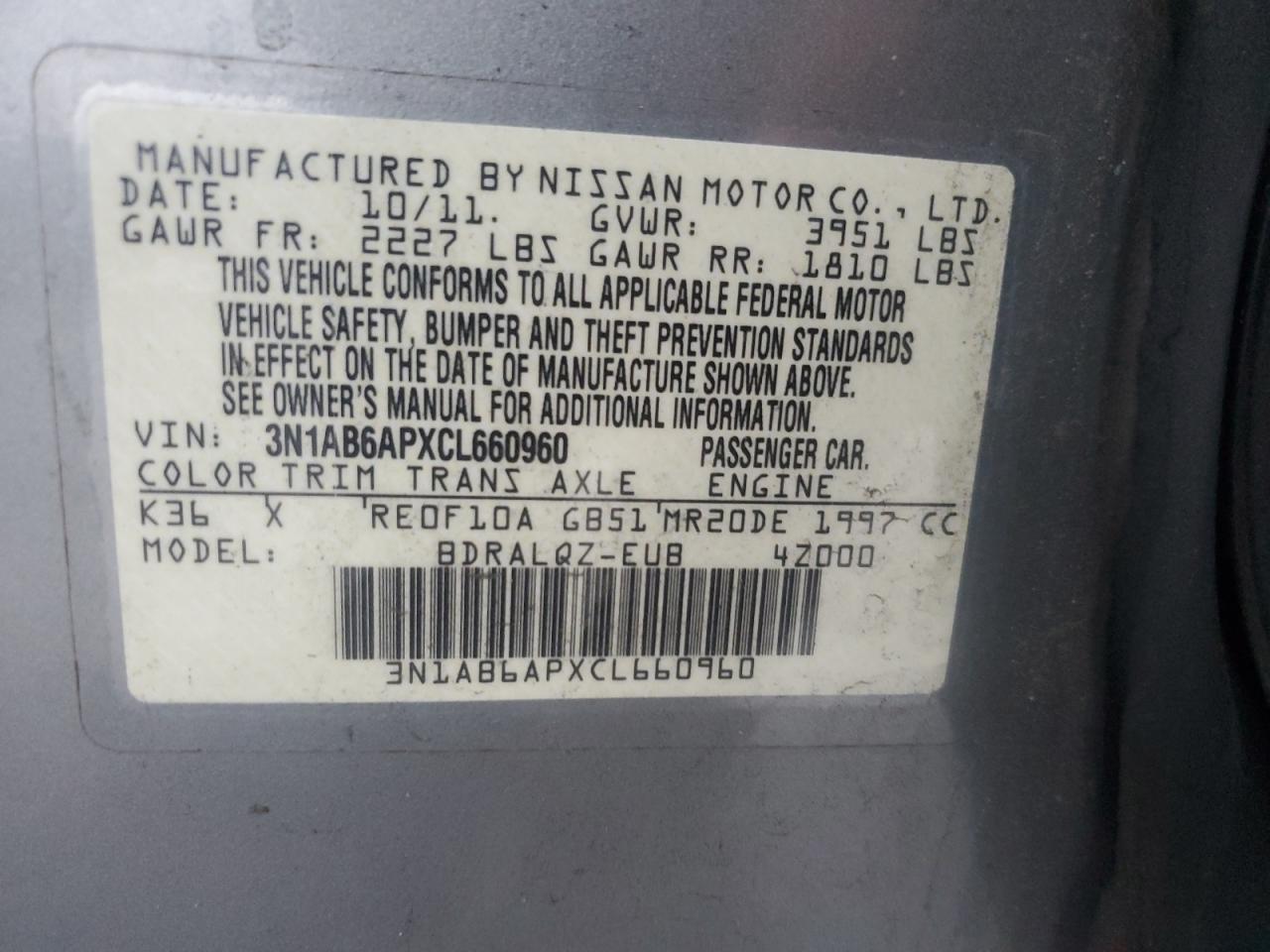 2012 Nissan Sentra 2.0 VIN: 3N1AB6APXCL660960 Lot: 82761185