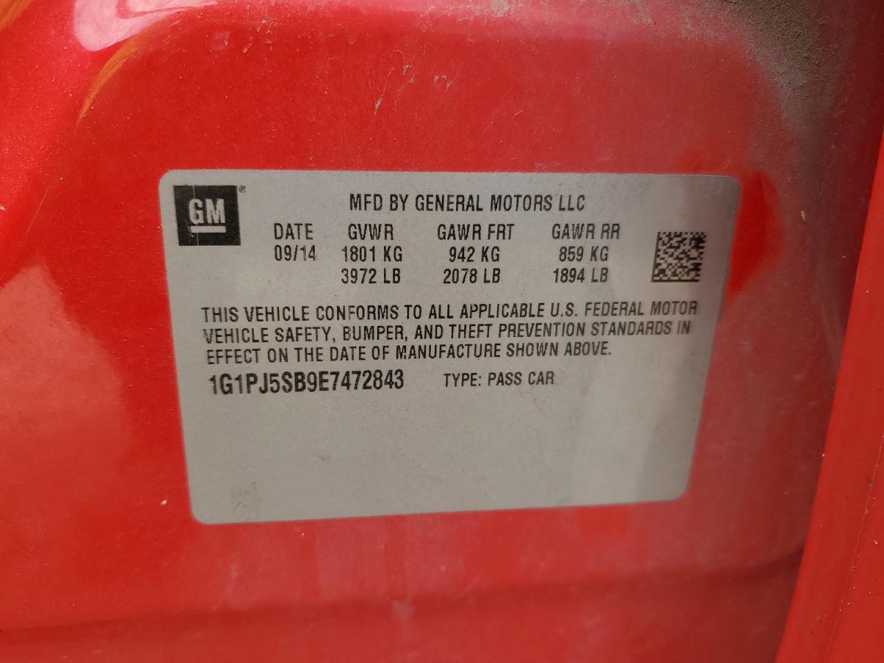2014 Chevrolet Cruze Eco VIN: 1G1PJ5SB9E7472843 Lot: 85641865