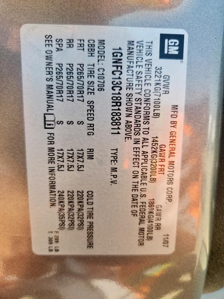 2008 Chevrolet Tahoe C1500 VIN: 1GNFC13C18R183811 Lot: 84974995