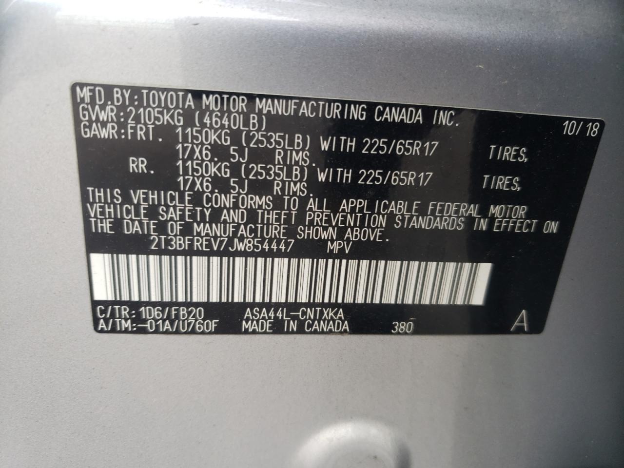 2018 Toyota Rav4 Le VIN: 2T3BFREV7JW854447 Lot: 86074945