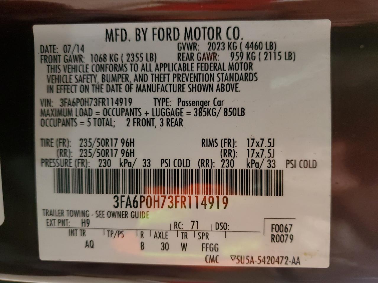 2015 Ford Fusion Se VIN: 3FA6P0H73FR114919 Lot: 82418735