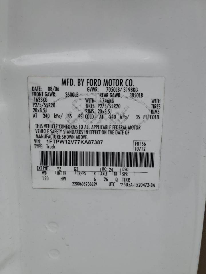 2007 Ford F150 Supercrew VIN: 1FTPW12V77KA87387 Lot: 86232155