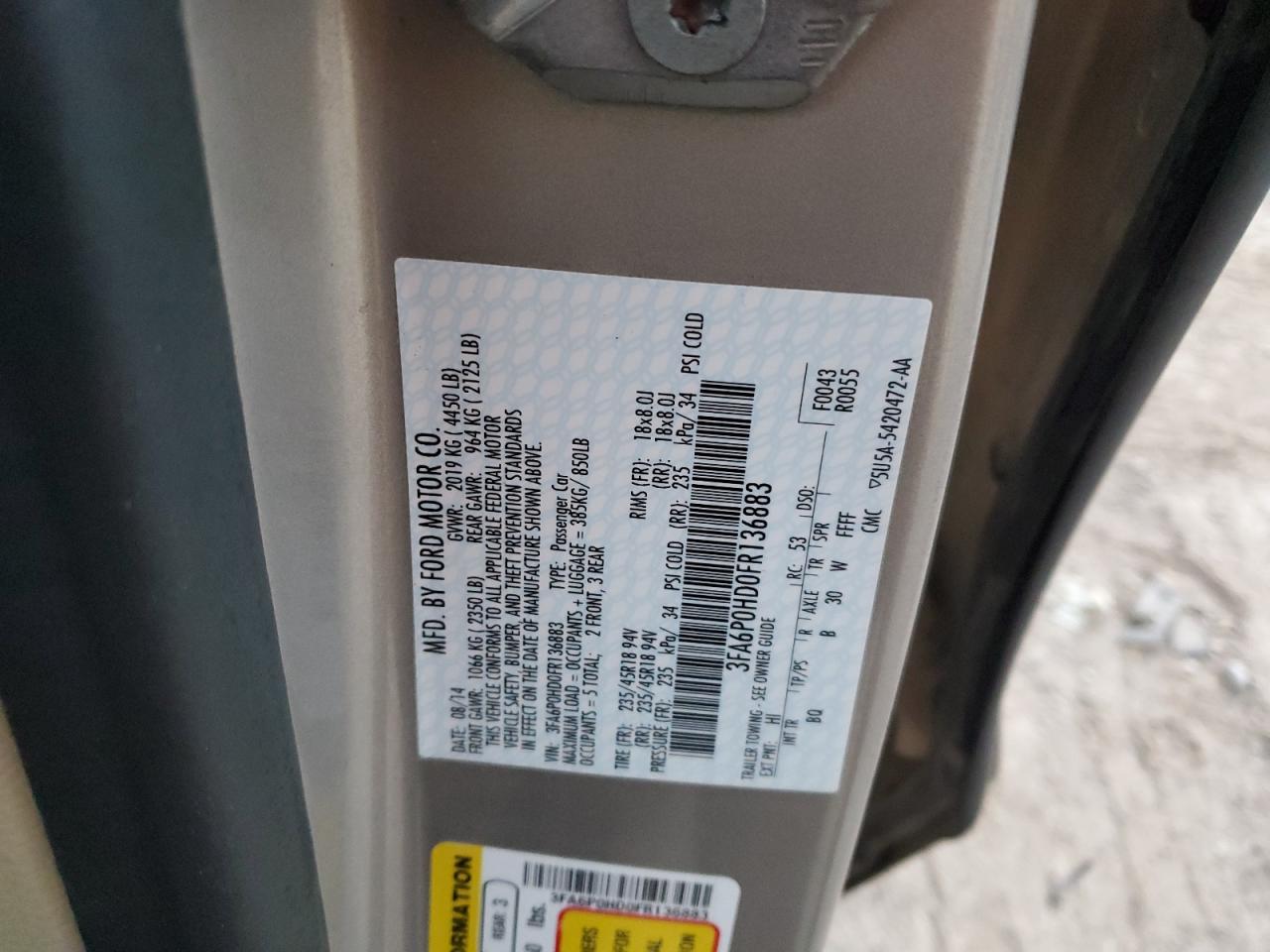 2015 Ford Fusion Se VIN: 3FA6P0HD0FR136883 Lot: 87103175