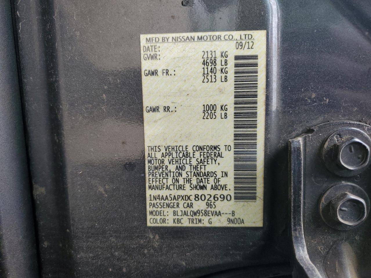 2013 Nissan Maxima S VIN: 1N4AA5APXDC802690 Lot: 89737955