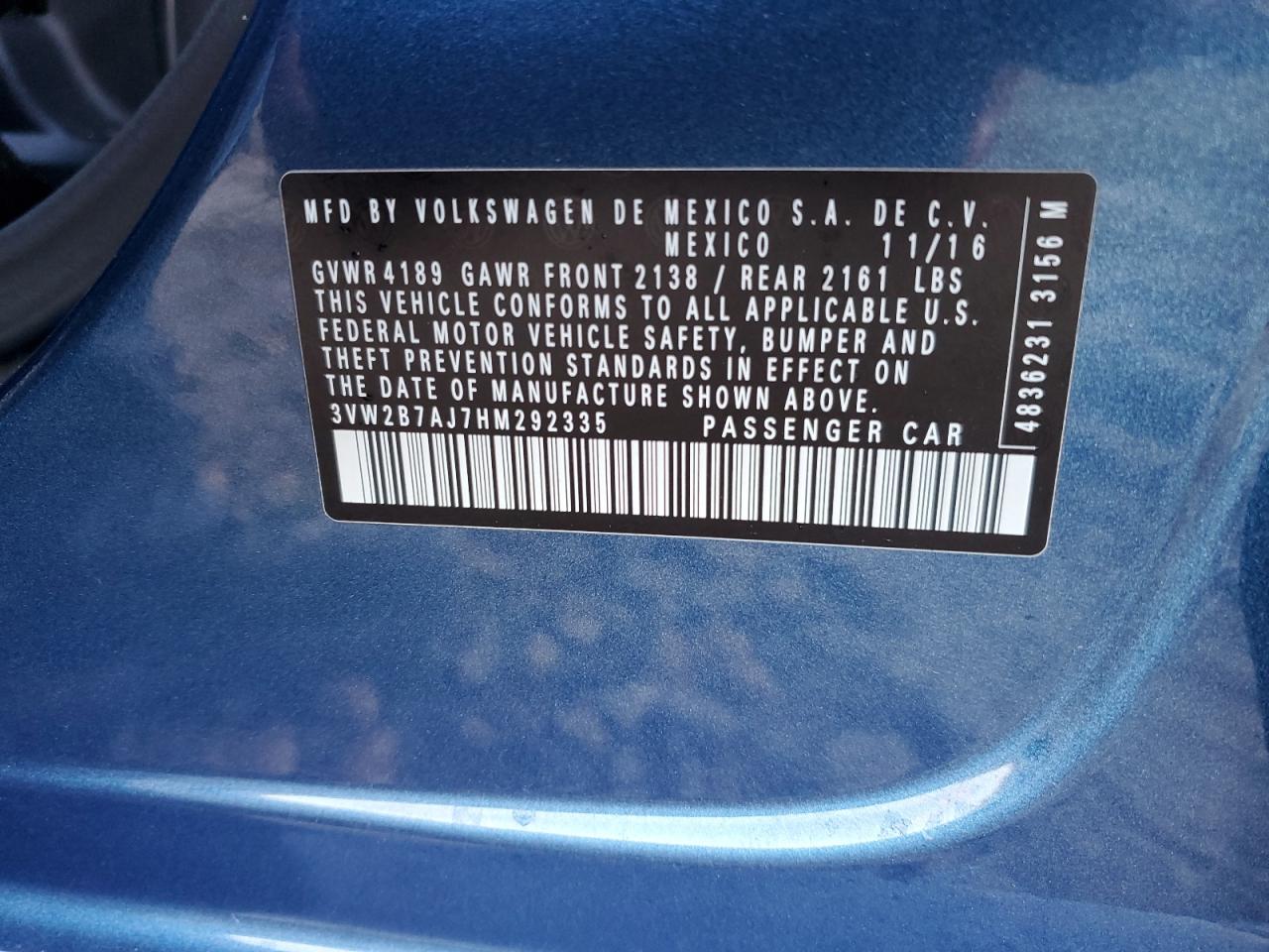 2017 Volkswagen Jetta S VIN: 3VW2B7AJ7HM292335 Lot: 85877415