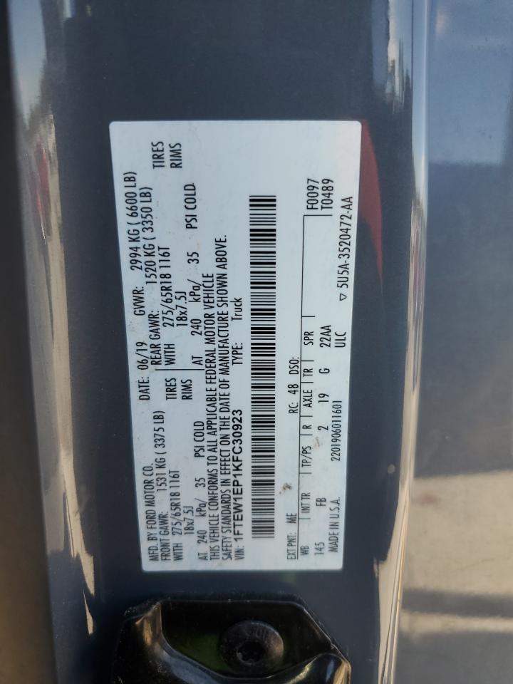 2019 Ford F150 Supercrew VIN: 1FTEW1EP1KFC30923 Lot: 89541395