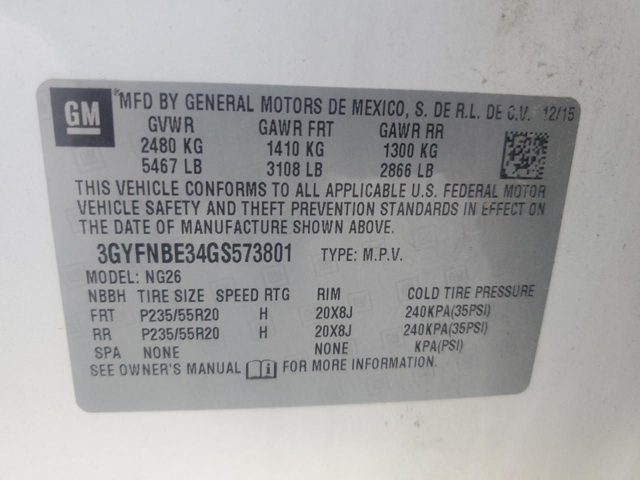 2016 Cadillac Srx Luxury Collection VIN: 3GYFNBE34GS573801 Lot: 82648185