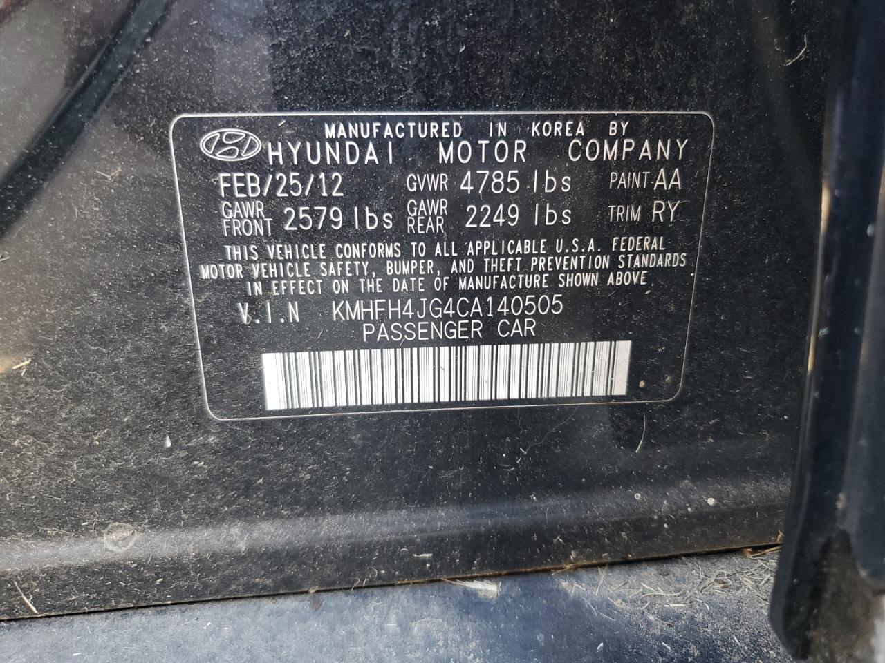 2012 Hyundai Azera Gls VIN: KMHFH4JG4CA140505 Lot: 82229085