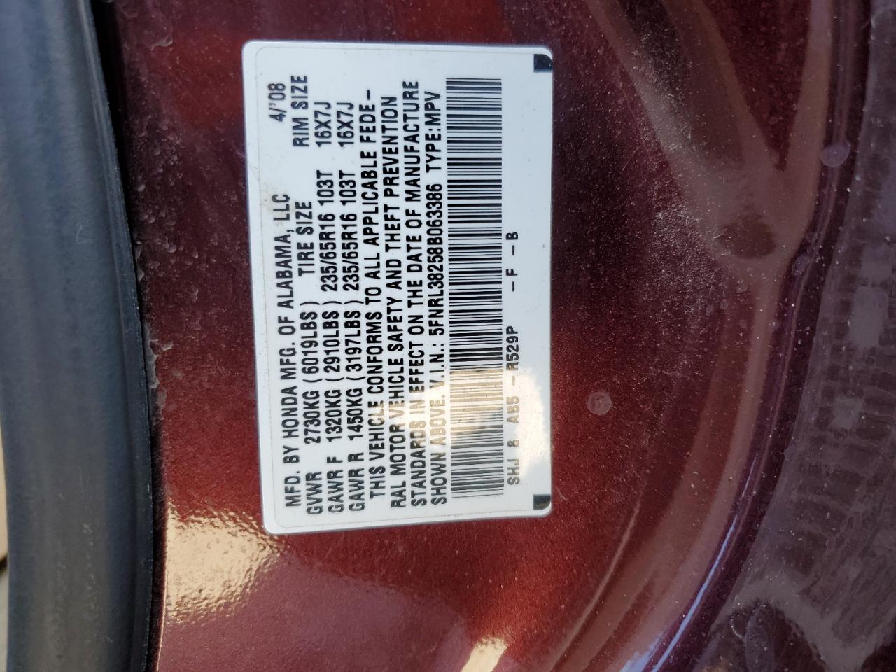 2008 Honda Odyssey Lx VIN: 5FNRL38258B063386 Lot: 84910205