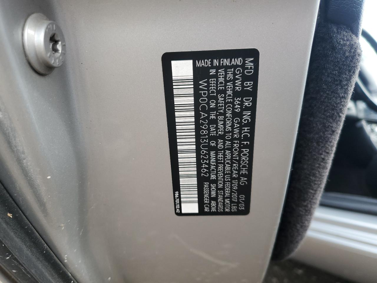 2003 Porsche Boxster VIN: WP0CA29813U623462 Lot: 82400395