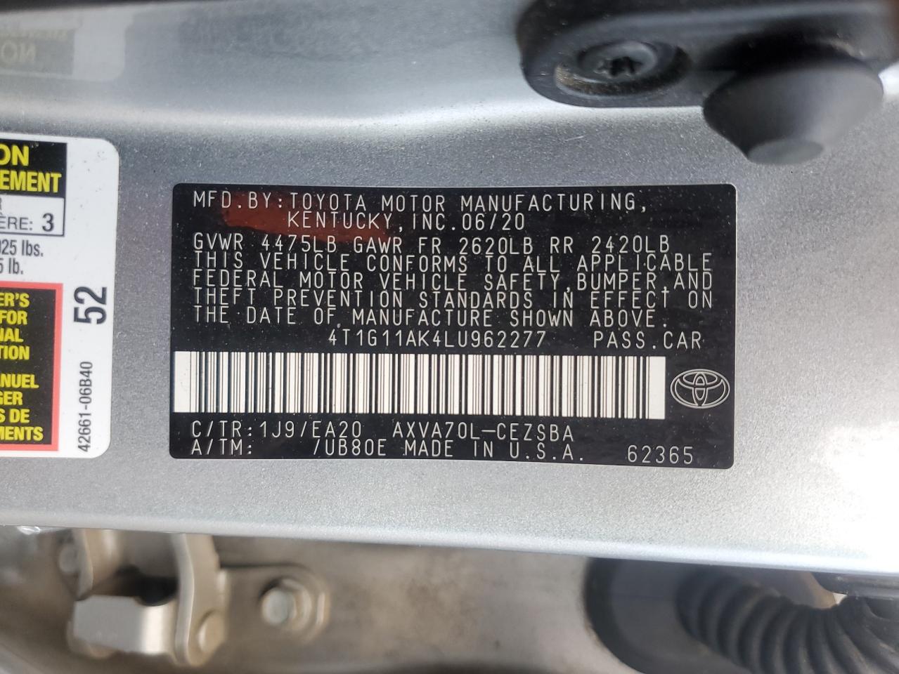 2020 Toyota Camry Se VIN: 4T1G11AK4LU962277 Lot: 85494185