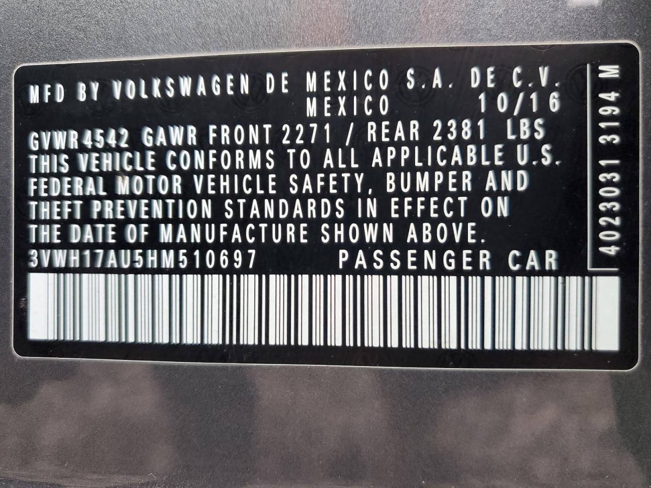 2017 Volkswagen Golf Alltrack S VIN: 3VWH17AU5HM510697 Lot: 86686995