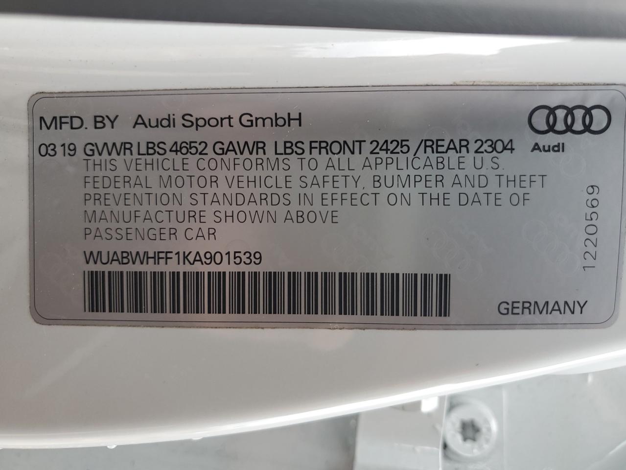 2019 Audi Rs3 VIN: WUABWHFF1KA901539 Lot: 86628475