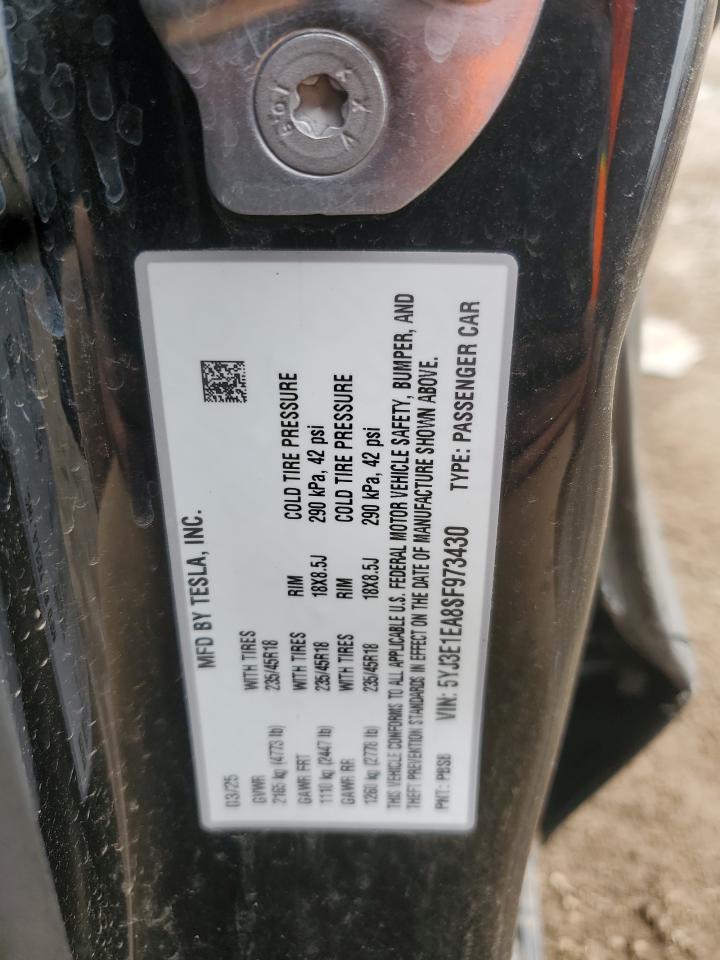 2025 Tesla Model 3 VIN: 5YJ3E1EA8SF973430 Lot: 85722585