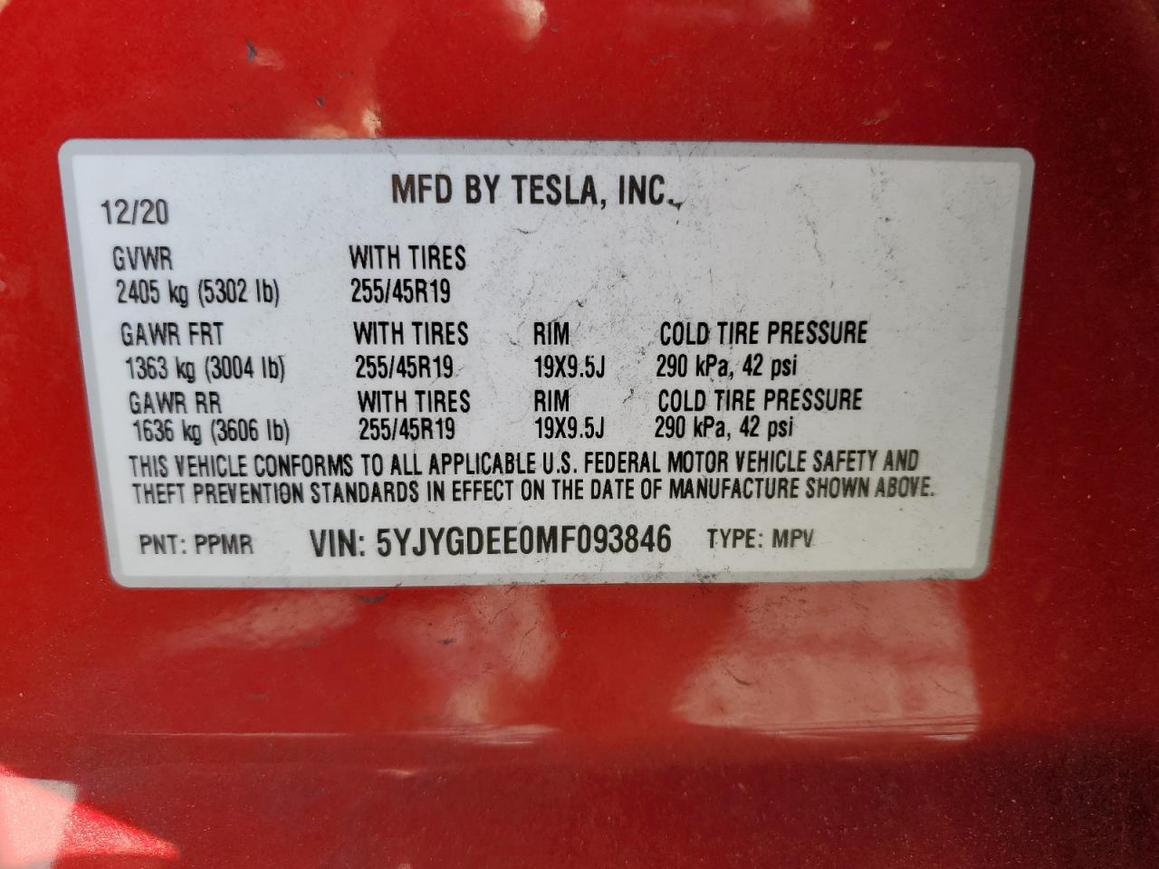 2021 Tesla Model Y VIN: 5YJYGDEE0MF093846 Lot: 85512955