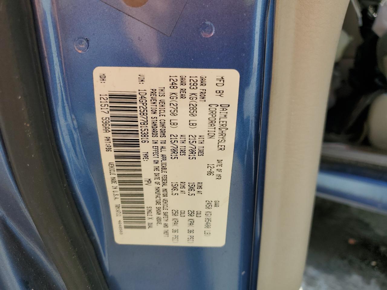 2007 Dodge Caravan Se VIN: 1D4GP25B77B153816 Lot: 89933405