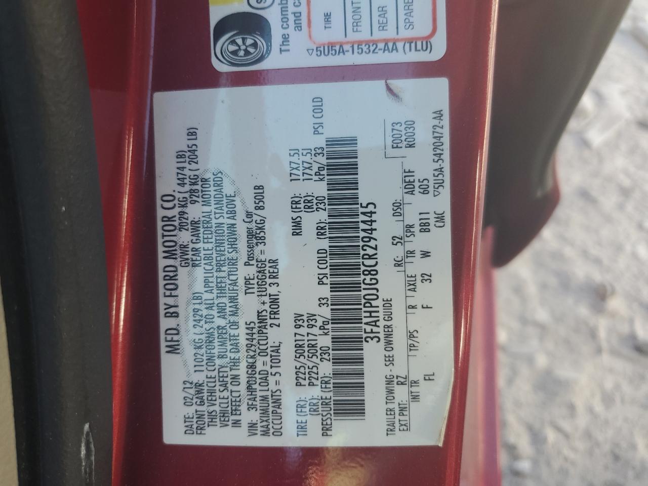 2012 Ford Fusion Sel VIN: 3FAHP0JG8CR294445 Lot: 81988705