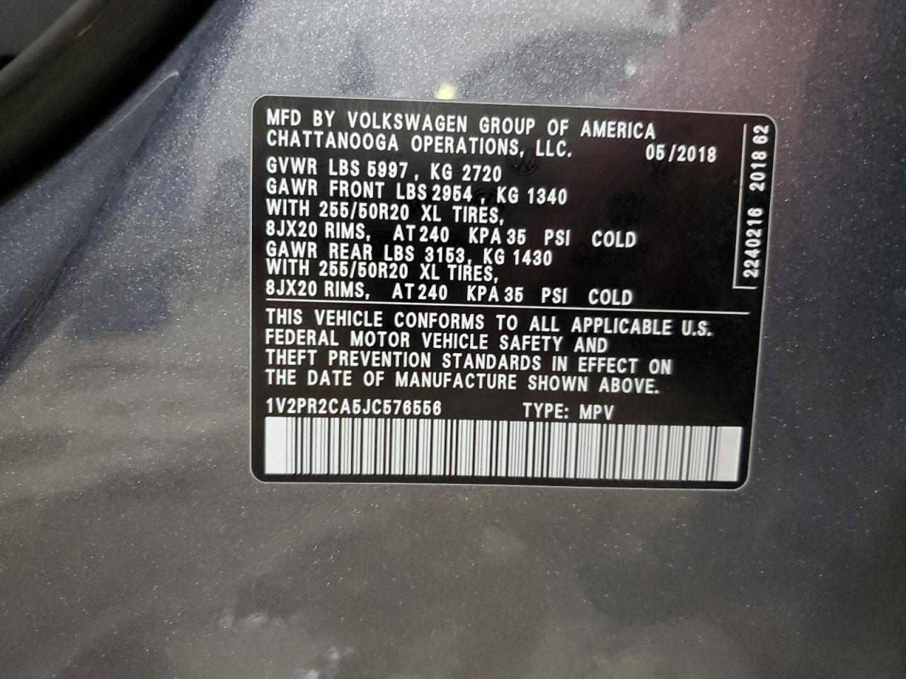 2018 Volkswagen Atlas Se VIN: 1V2PR2CA5JC576556 Lot: 86098195