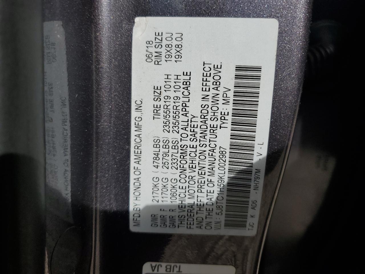 2019 Acura Rdx Technology VIN: 5J8TC1H59KL002987 Lot: 85189325