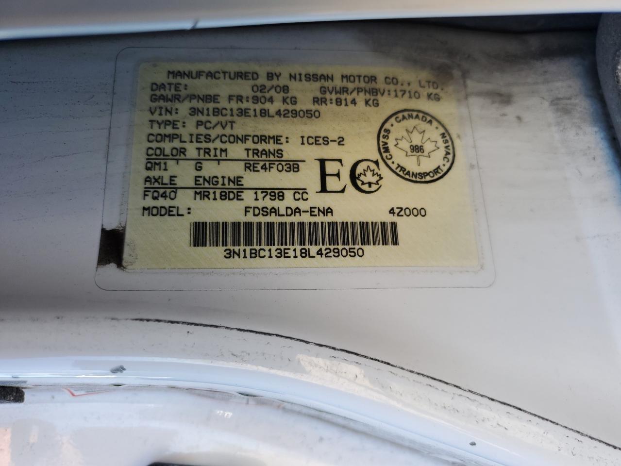 2008 Nissan Versa S VIN: 3N1BC13E18L429050 Lot: 84231675