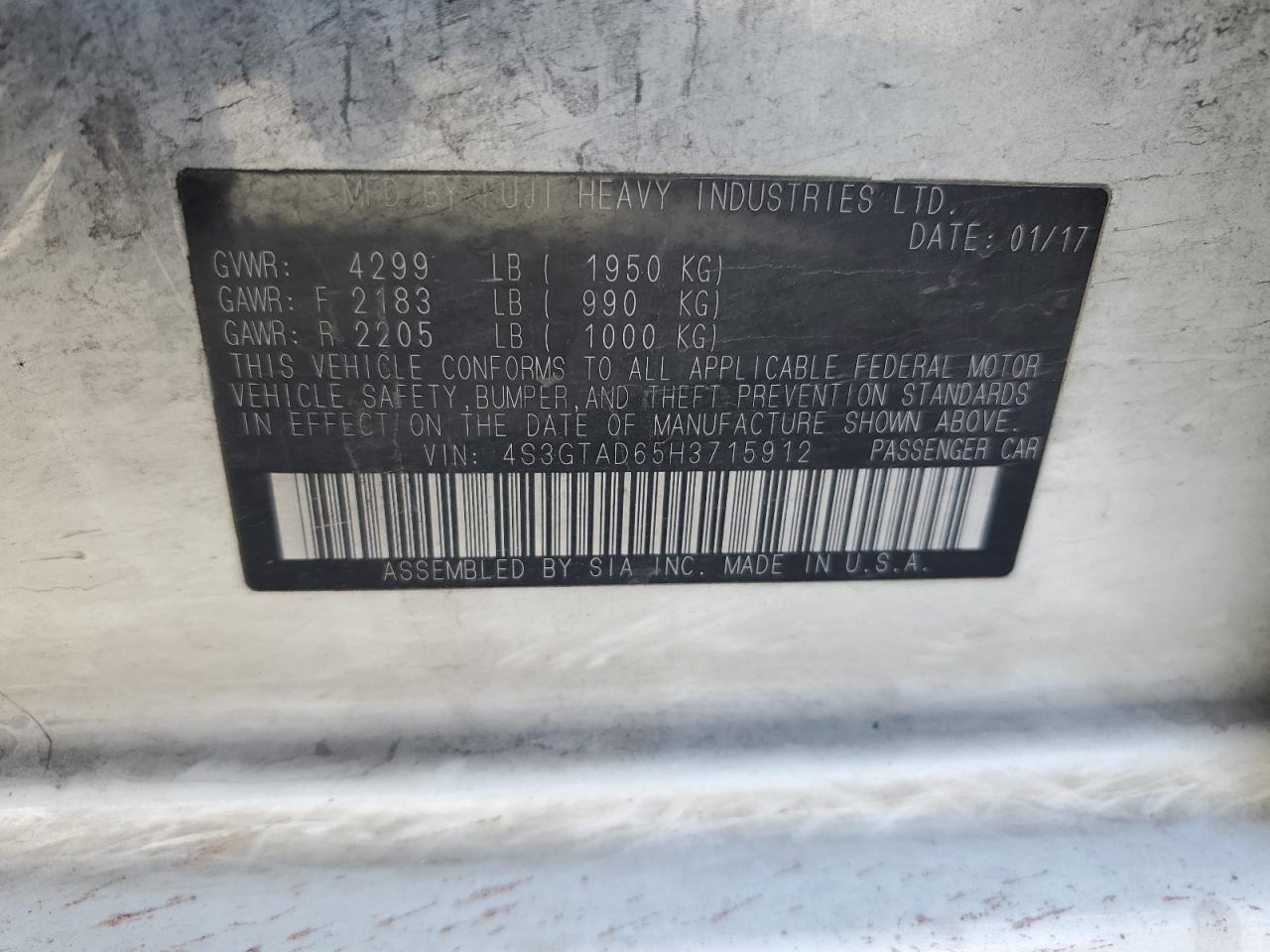 2017 Subaru Impreza Premium Plus VIN: 4S3GTAD65H3715912 Lot: 85775915