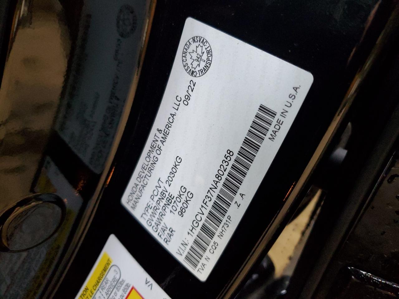 2022 Honda Accord Sport VIN: 1HGCV1F37NA802358 Lot: 90063945