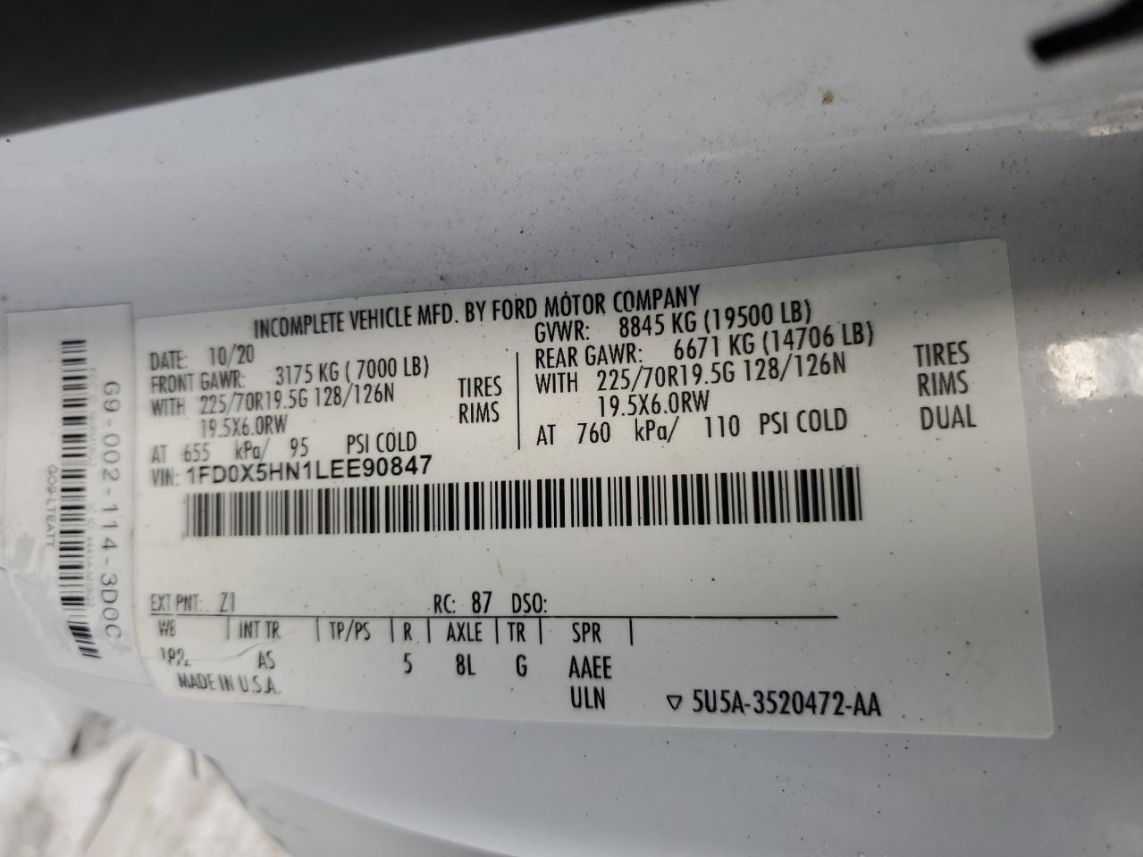 2020 Ford F550 Super Duty VIN: 1FD0X5HN1LEE90847 Lot: 85718015