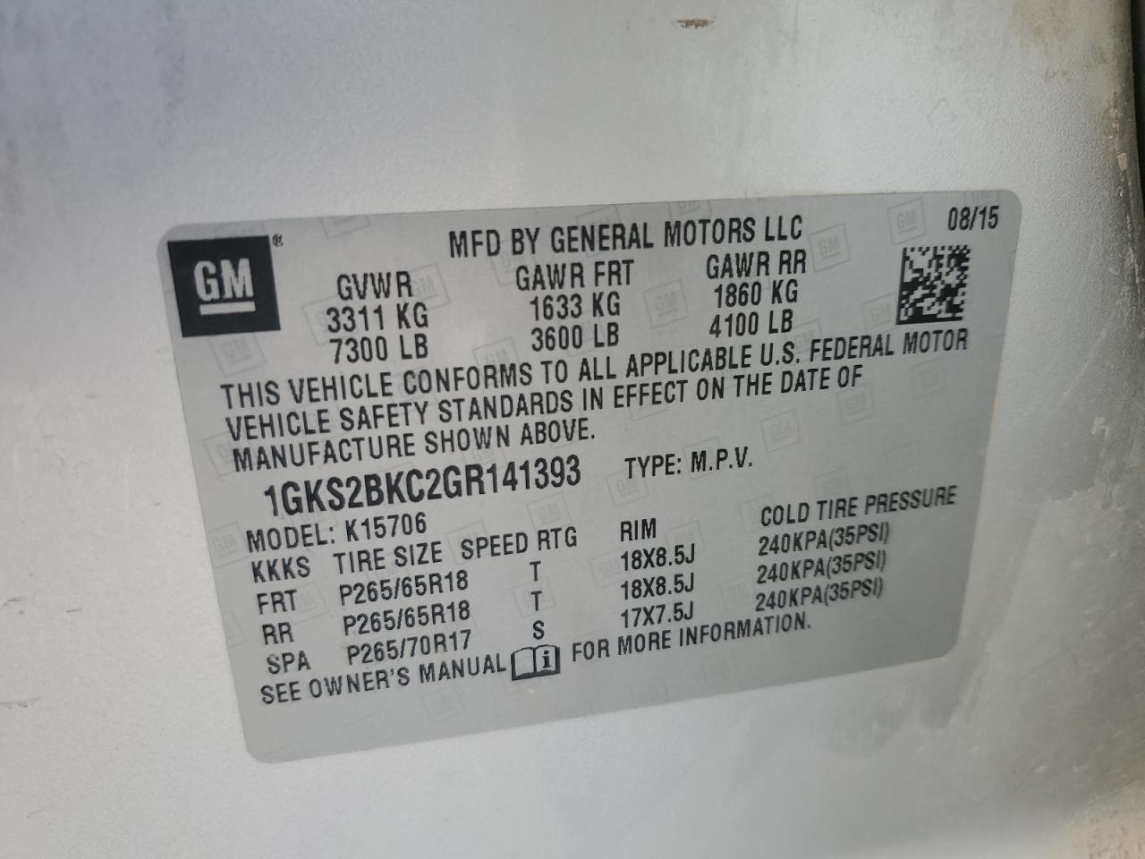 2016 GMC Yukon Slt VIN: 1GKS2BKC2GR141393 Lot: 86994405