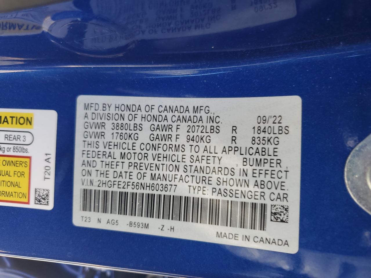 2022 Honda Civic Sport VIN: 2HGFE2F56NH603677 Lot: 85380015