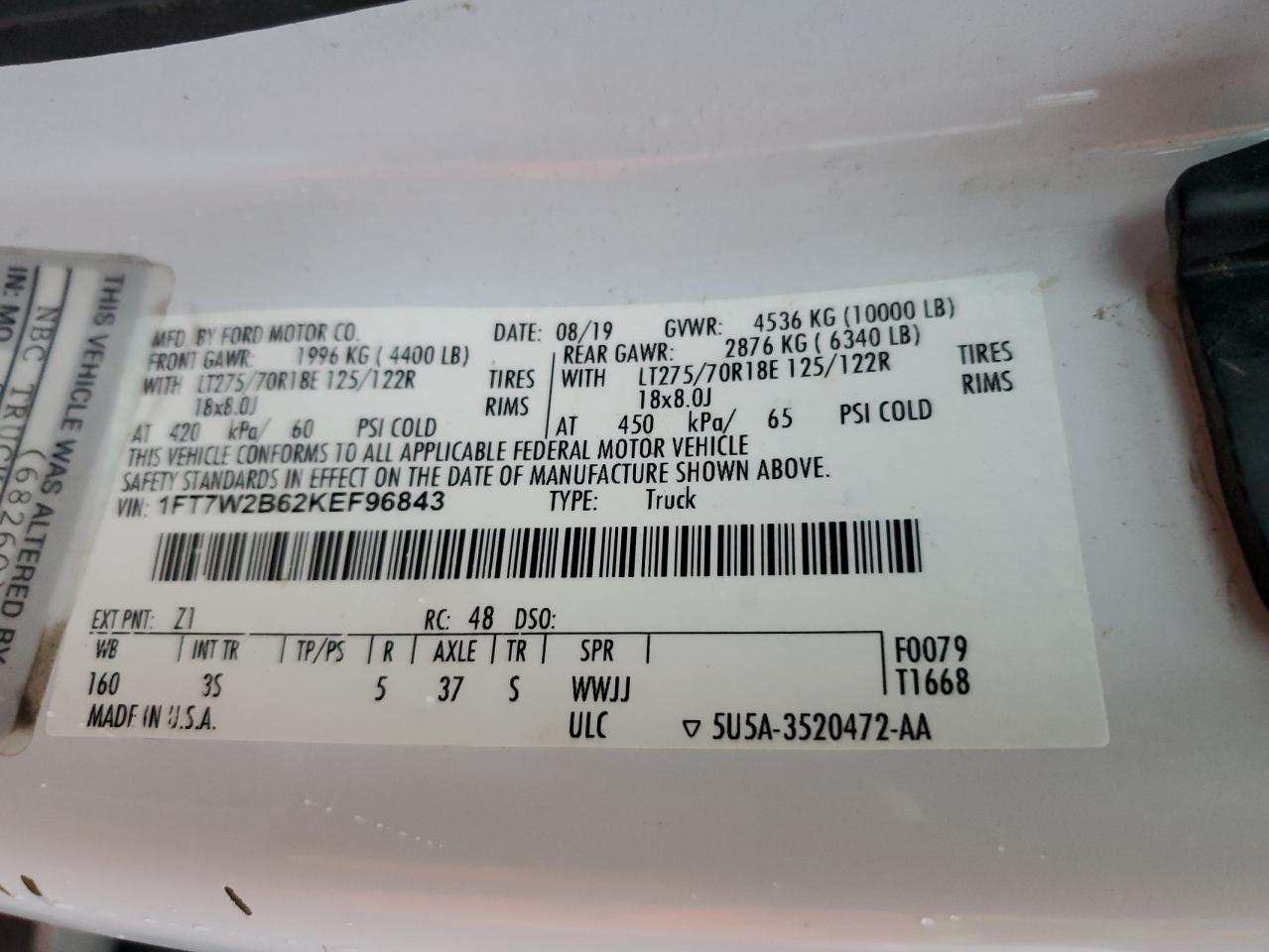 2019 Ford F250 Super Duty VIN: 1FT7W2B62KEF96843 Lot: 90054895