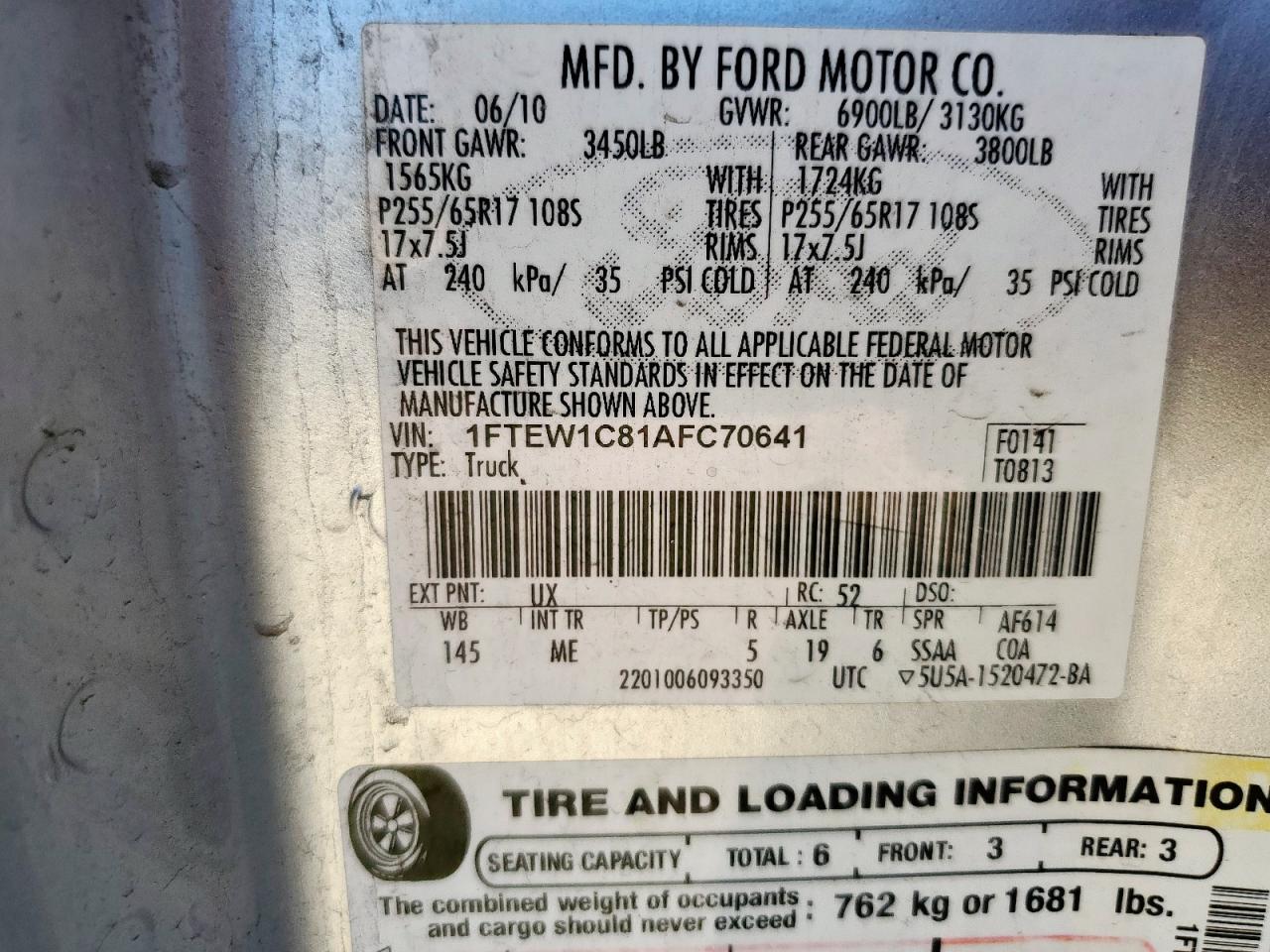 2010 Ford F150 Supercrew VIN: 1FTEW1C81AFC70641 Lot: 86152095