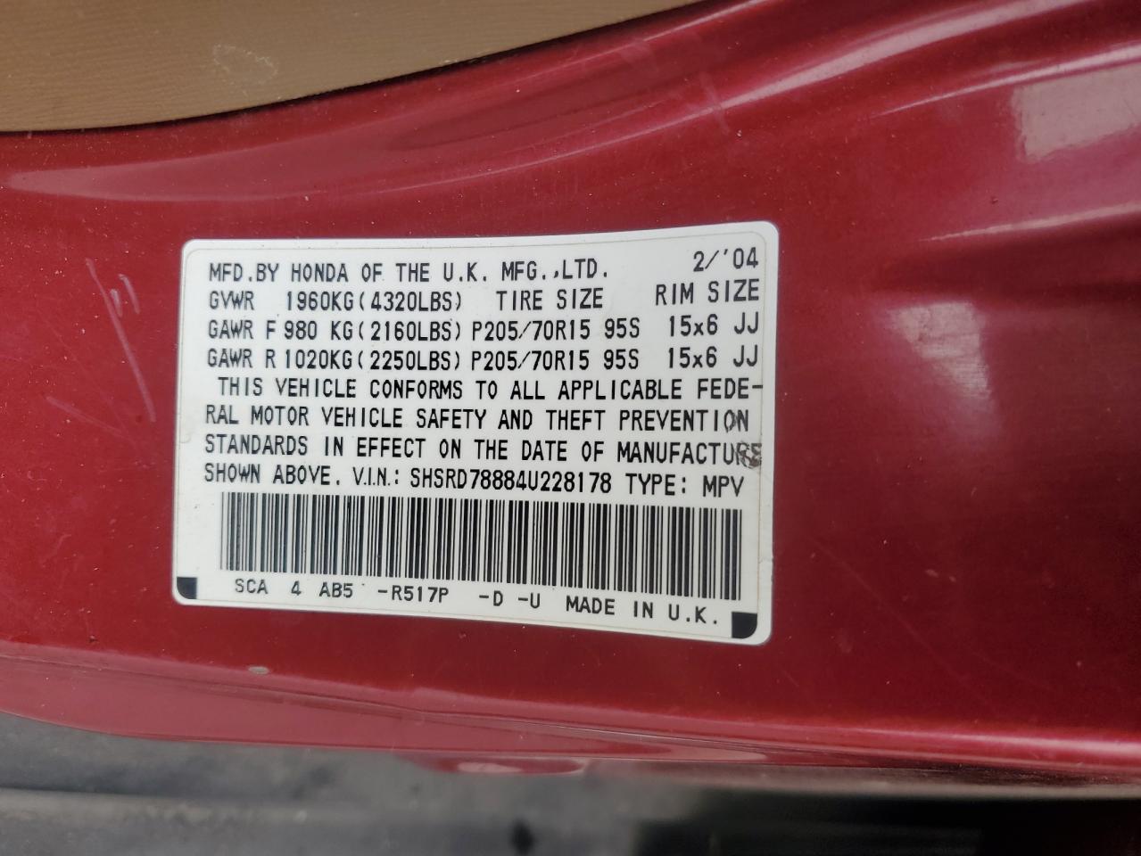 2004 Honda Cr-V Ex VIN: SHSRD78884U228178 Lot: 90290385