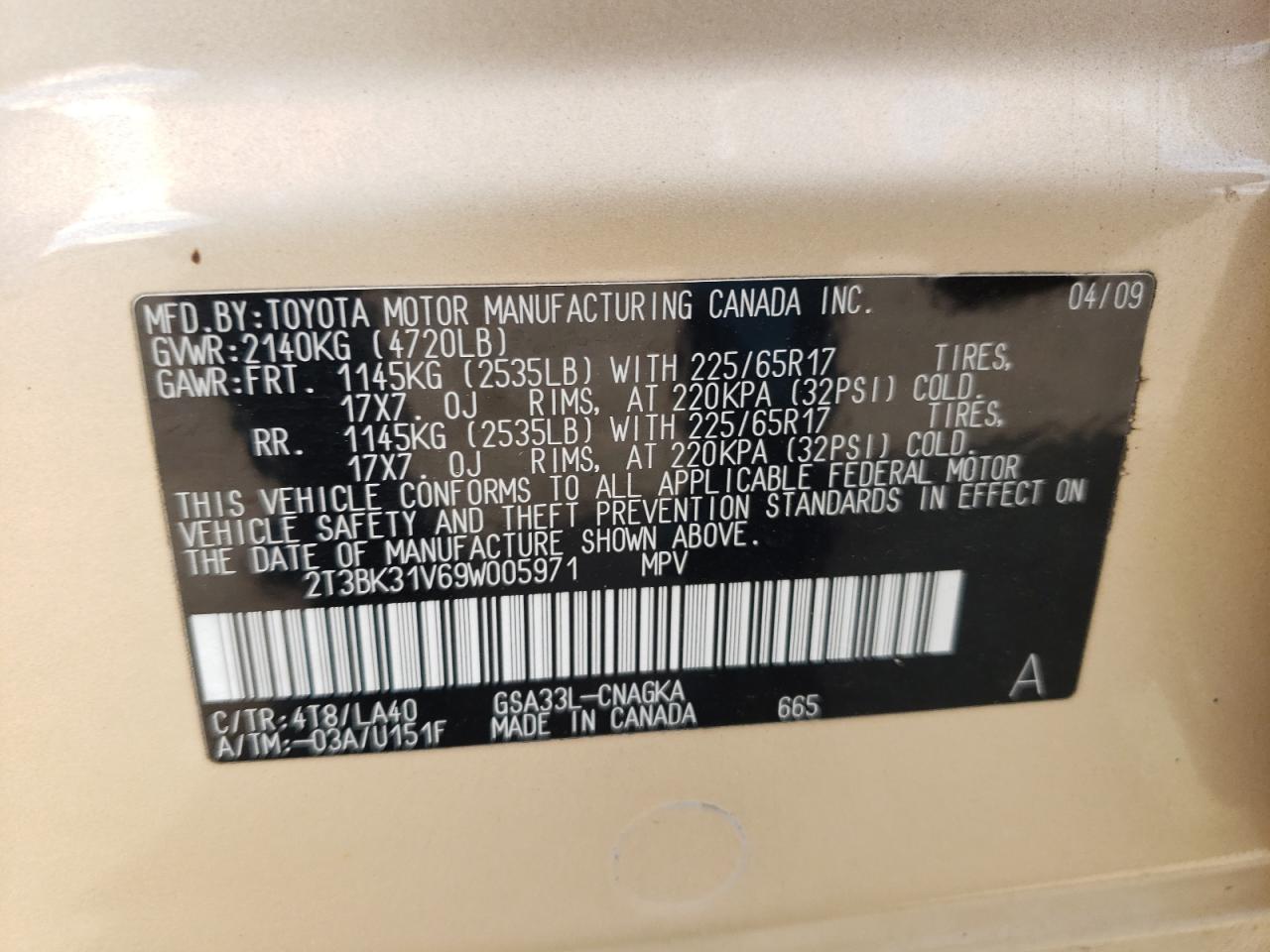 2009 Toyota Rav4 Limited VIN: 2T3BK31V69W005971 Lot: 82302795