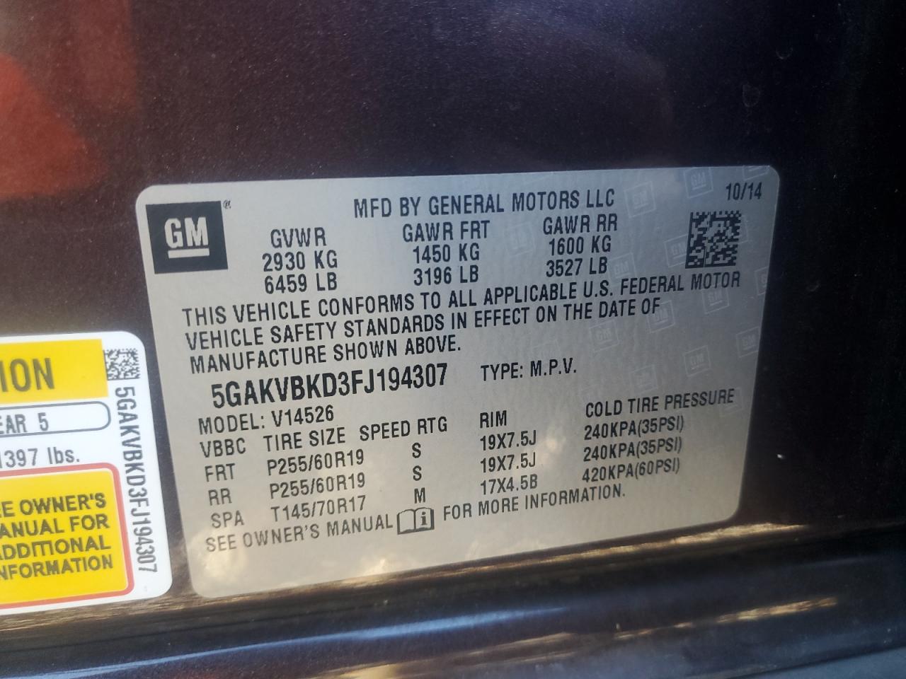 2015 Buick Enclave VIN: 5GAKVBKD3FJ194307 Lot: 85875925
