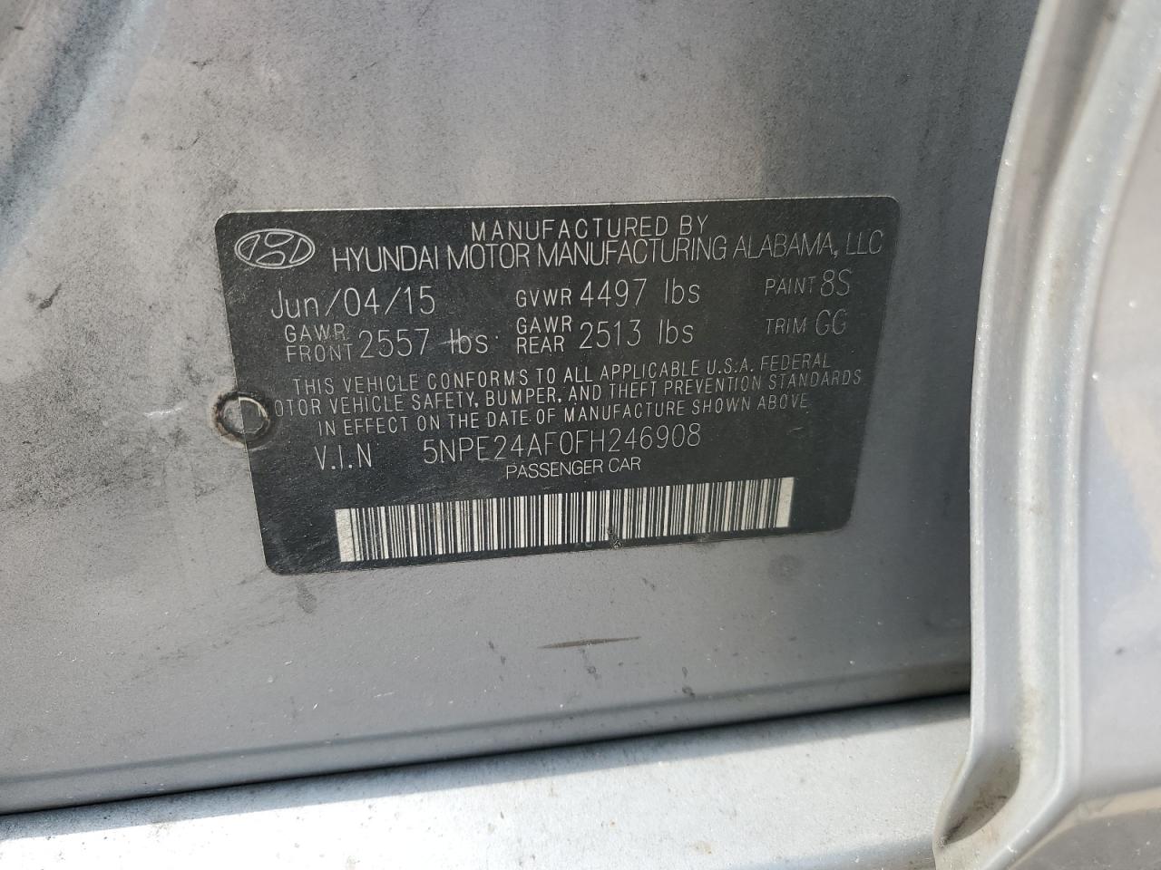 2015 Hyundai Sonata Se VIN: 5NPE24AF0FH246908 Lot: 85599355