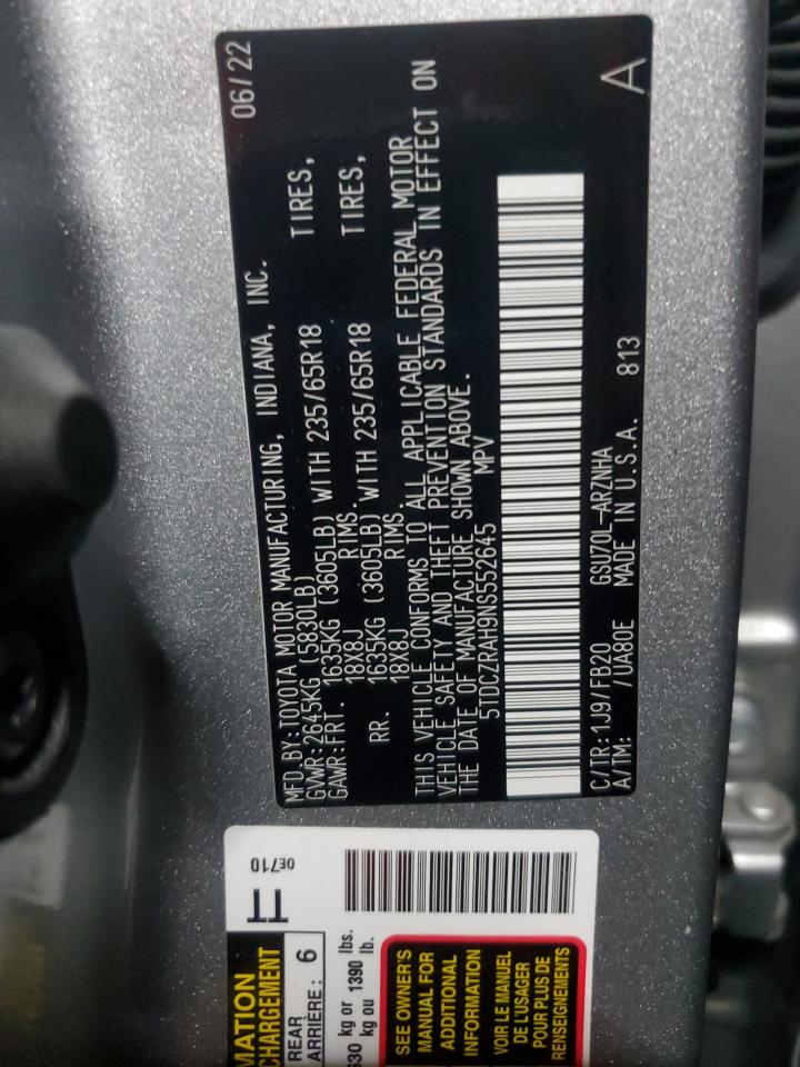 2022 Toyota Highlander L VIN: 5TDCZRAH9NS552645 Lot: 85785715