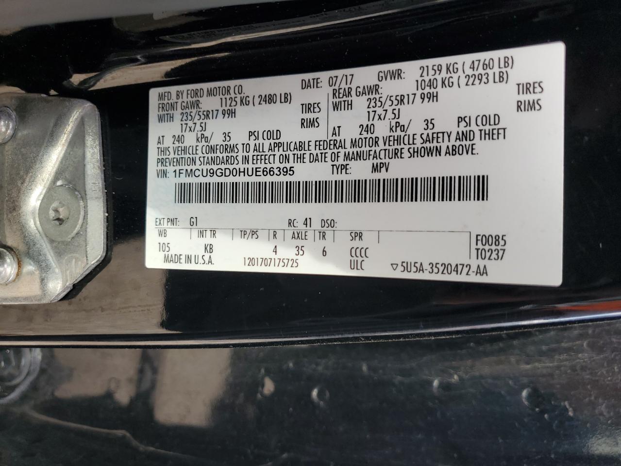 2017 Ford Escape Se VIN: 1FMCU9GD0HUE66395 Lot: 84869065