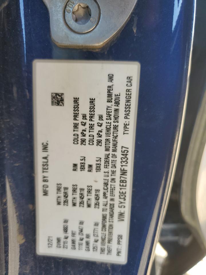 2022 Tesla Model 3 VIN: 5YJ3E1EB7NF133457 Lot: 82008175
