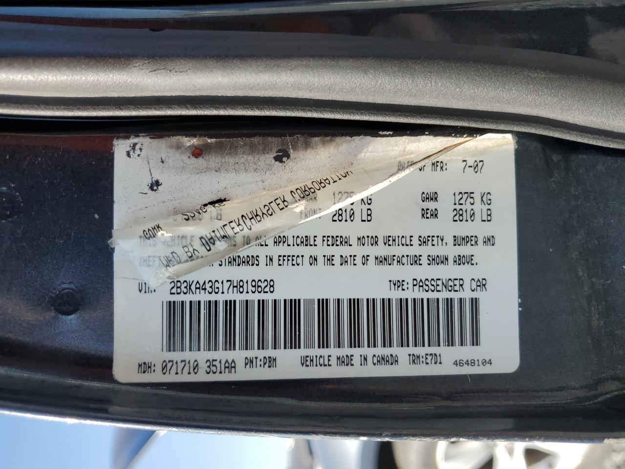 2007 Dodge Charger Se VIN: 2B3KA43G17H819628 Lot: 85393845